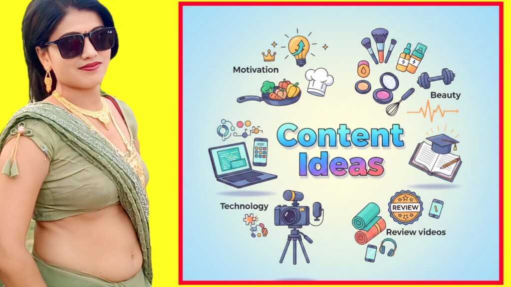 "YouTube video kaise banaye tutorial के लिए content ideas का पोस्टर जिसमें विभिन्न niches के आइकन दिख रहे हैं।"
