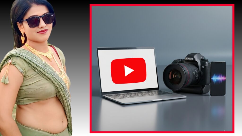 YouTube video kaise banaye guide की thumbnail जिसमें कैमरा, लैपटॉप और YouTube play icon जैसे उपकरण दिखाए गए हैं।"