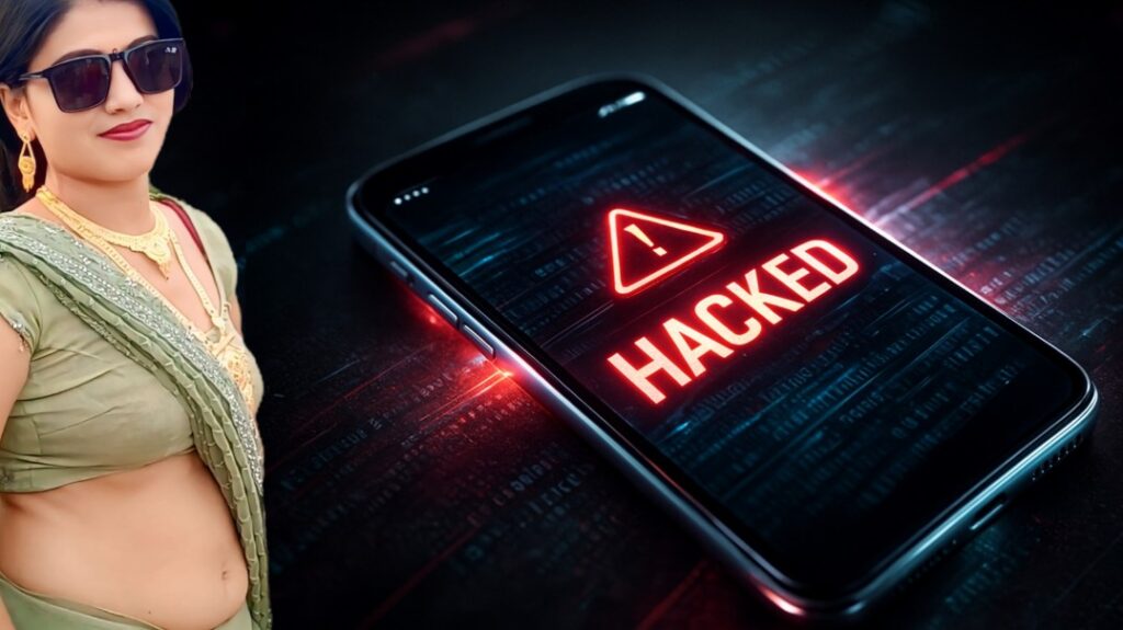 एक महिला के पास रखे मोबाइल की स्क्रीन पर लाल रंग में HACKED चेतावनी दिखाई दे रही है।