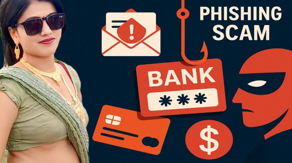 फिशिंग स्कैम से जुड़ी चेतावनी ग्राफिक जिसमें बैंक, ईमेल और स्कैम आइकॉन दिख रहे हैं और बगल में एक महिला खड़ी है।