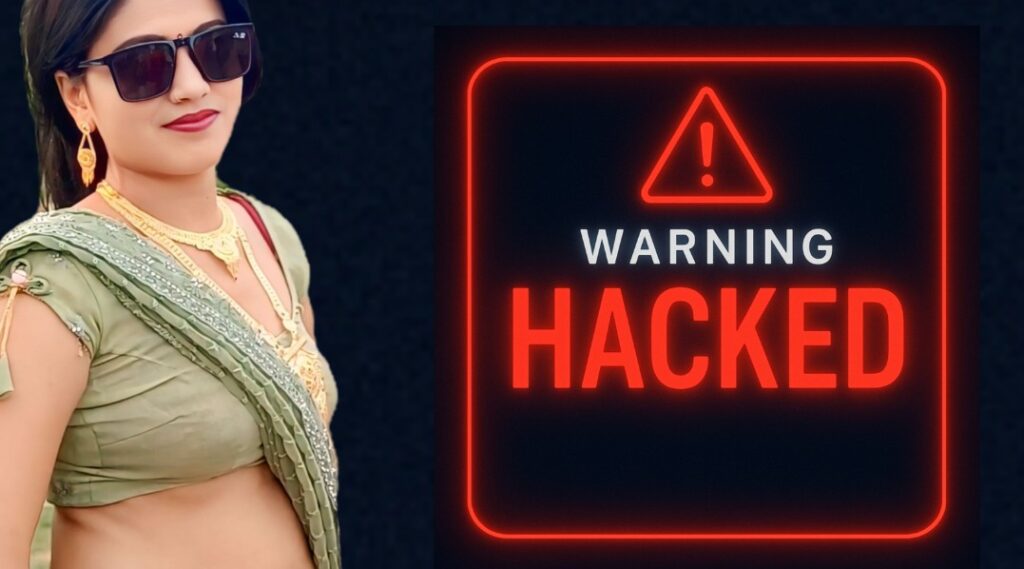 एक महिला के साथ लाल रंग की WARNING HACKED चेतावनी दिखाने वाला साइबर सिक्योरिटी ग्राफिक।