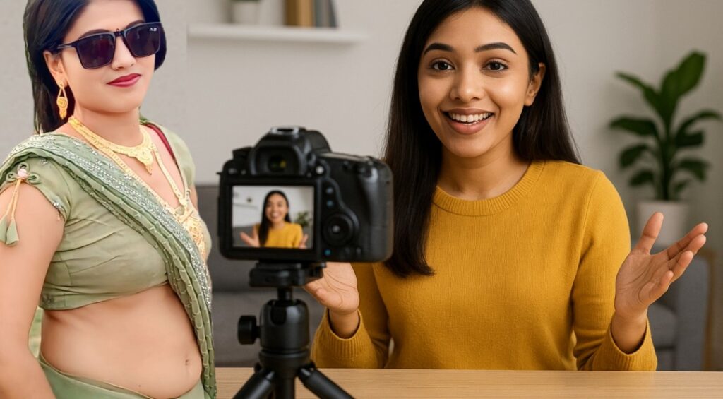 कैमरे के सामने वीडियो रिकॉर्ड करती एक महिला और पास खड़ी दूसरी महिला – YouTube वीडियो बनाने की प्रक्रिया