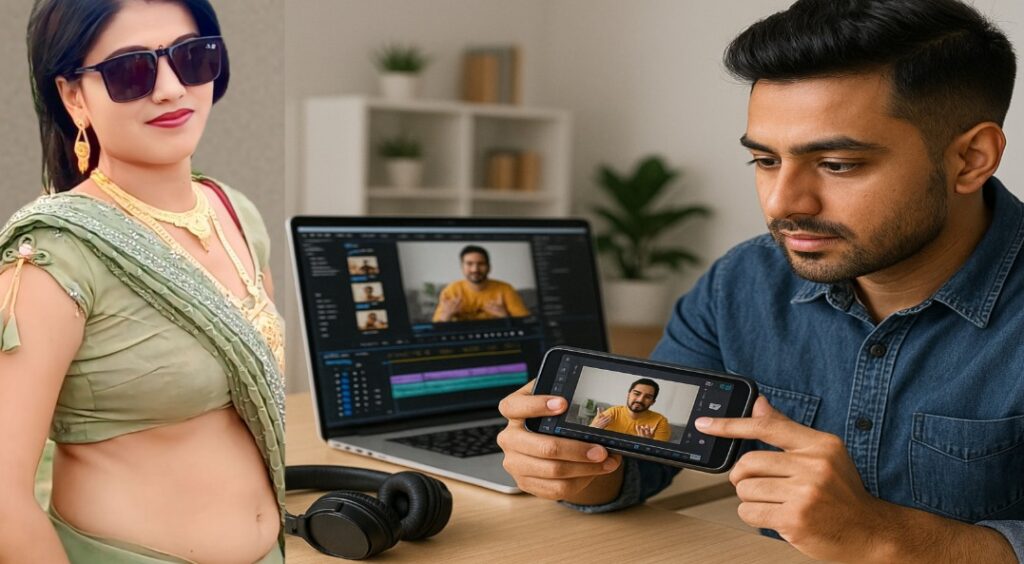 YouTube वीडियो बनाने के बाद एडिटिंग करते हुए कंटेंट क्रिएटर – मोबाइल और लैपटॉप एडिटिंग सेटअप