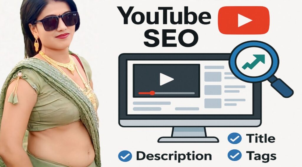 YouTube SEO समझाती इमेज – वीडियो को रैंक करने के लिए टाइटल, डिस्क्रिप्शन और टैग्स ऑप्टिमाइजेशन