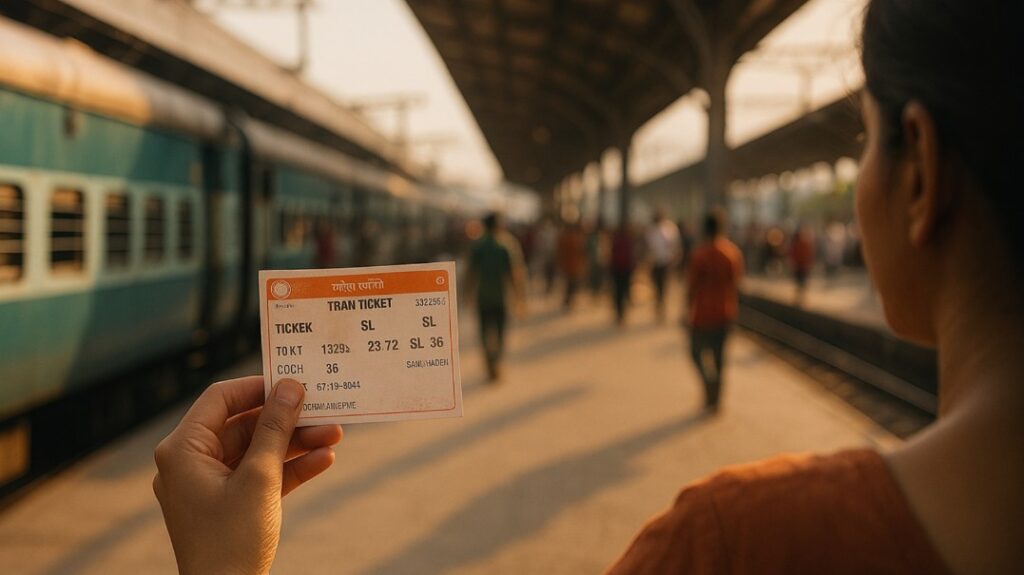 ट्रेन स्टेशन पर महिला के हाथ में ट्रेन की टिकट, प्लेटफॉर्म पर भीड़ और खड़ी ट्रेन, अकेले सफर की शुरुआत दर्शाती भावनात्मक यात्रा इमेज