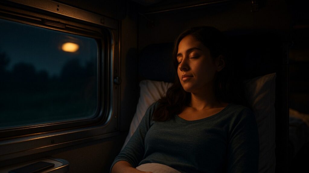 रात की ट्रेन यात्रा में खिड़की के पास सोती महिला, अकेले सफ़र की शांति और आत्मिक सुकून दिखाती भावनात्मक ट्रेन जर्नी इमेज