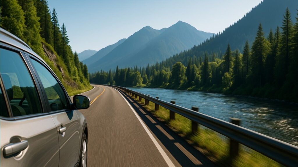 सुबह के समय पहाड़ों की ओर जाती सड़क यात्रा, नदी के किनारे घुमावदार रास्ता, साफ़ मौसम और बदलते मन का सुकून भरा सफ़र दर्शाती इमेज