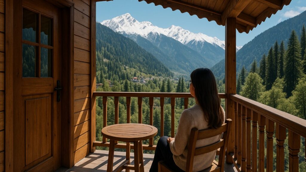 मनाली होटल बालकनी से पहाड़ों का शांत नज़ारा