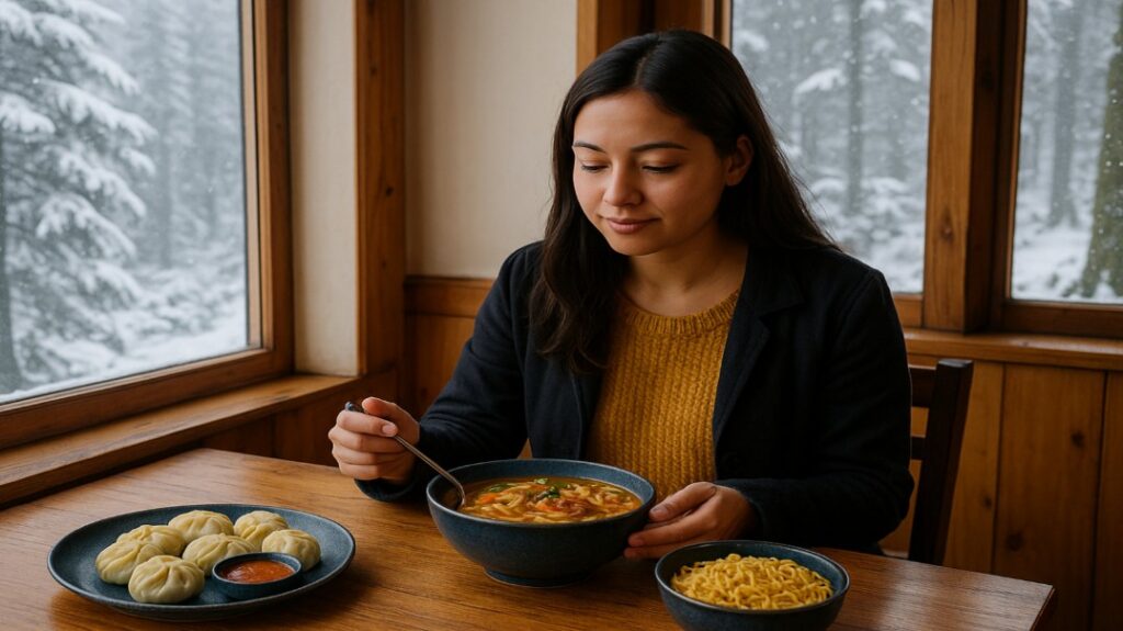 मनाली के कैफे में खिड़की के पास बैठकर गरम मोमोज़, थुकपा और मैगी खाते हुए बाहर गिरती बर्फ़ का आनंद लेती महिला