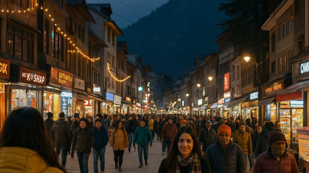 मनाली की मॉल रोड शाम के समय, रोशनी से सजी दुकानों के बीच घूमते लोग, शॉपिंग और स्ट्रीट फूड की रौनक