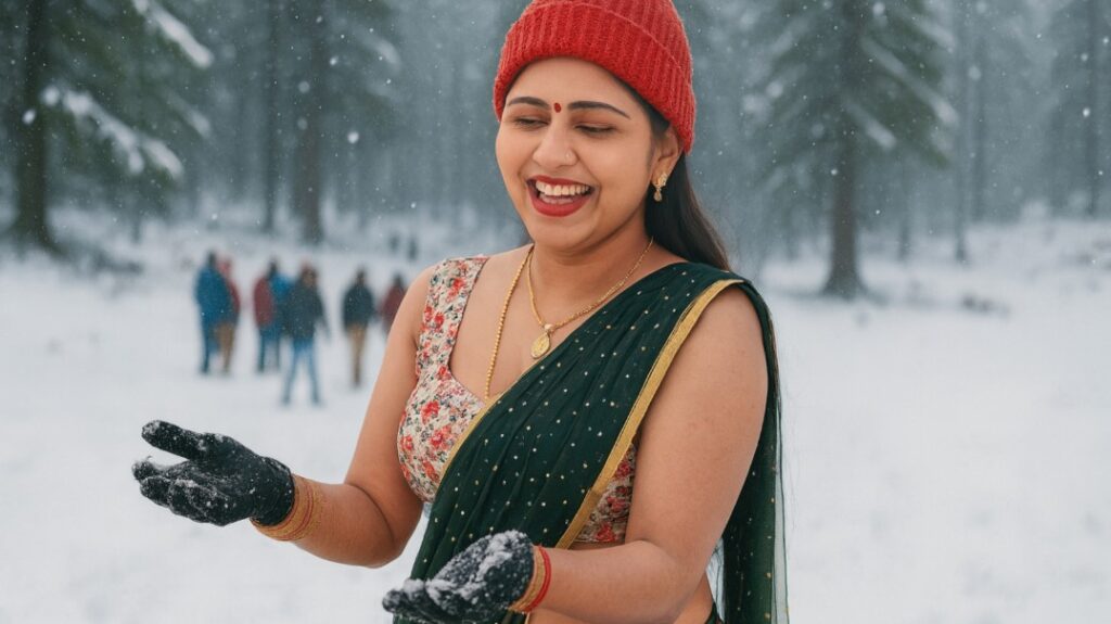 बर्फ़बारी के बीच हँसती हुई भारतीय महिला, ठंड में मस्ती भरे यादगार पल और खुशियों से भरा ट्रैवल अनुभव दर्शाती इमेज