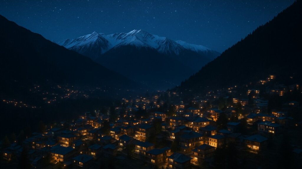 मनाली की रात का शांत नज़ारा, तारों से भरा आसमान, पहाड़ों के बीच रोशनी से जगमगाता शहर और सुकून भरी खामोशी