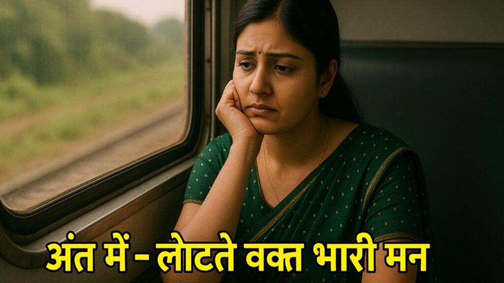 ट्रेन की खिड़की से बाहर देखते हुए उदास मन से बैठी महिला, सफ़र के अंत में लौटते समय भारी मन और भावनात्मक विदाई का एहसास