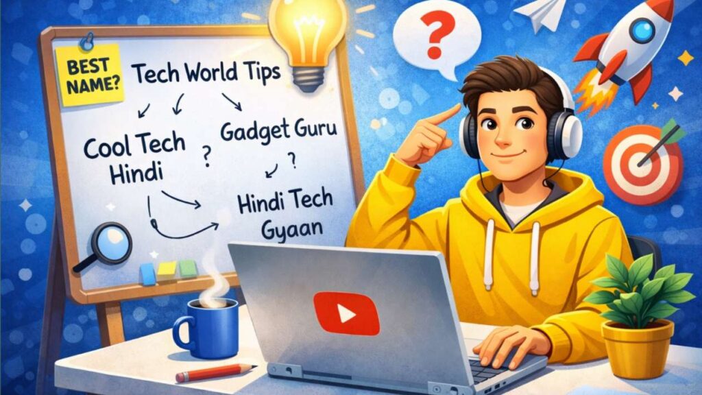 YouTube channel name ideas sochta hua creator laptop ke sath