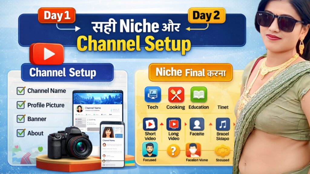 Day 1 channel setup aur Day 2 niche final karna – YouTube channel banane ke baad profile picture, banner, about section aur content type choose karne ka visual guide