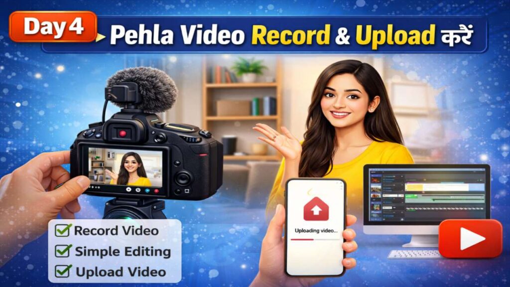 Day 4 par pehla YouTube video record, simple editing aur upload karte hue creator – YouTube channel banane ke baad first video upload ka visual guide