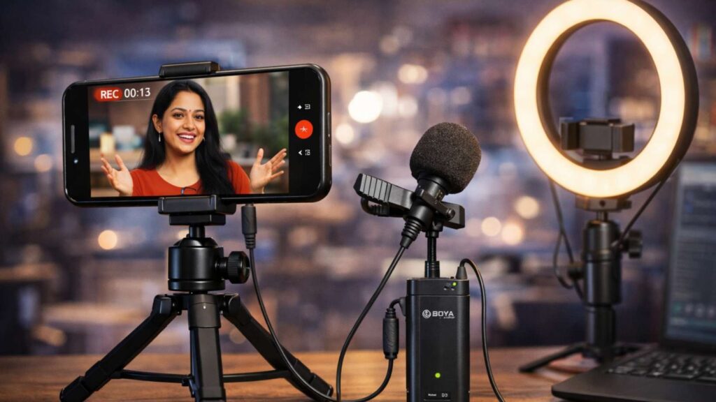 Mobile se YouTube video recording setup with mobile, mic and ring light