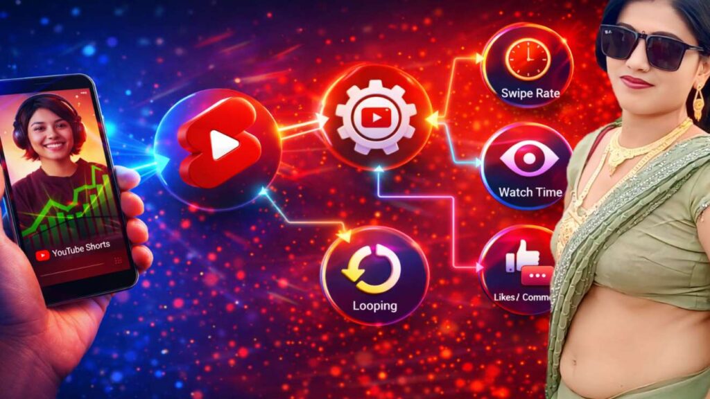YouTube Shorts algorithm explained image showing swipe rate watch time loop and engagement