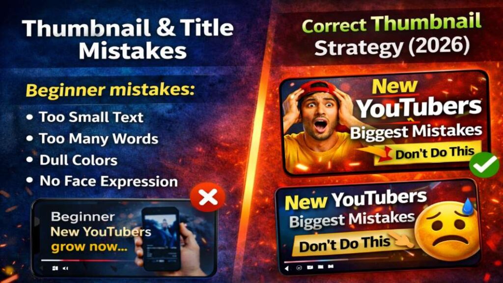 Thumbnail and title mistakes by new YouTubers, correct thumbnail strategy 2026