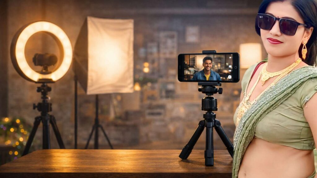 Mobile video lighting and tripod setup for professional video shooting