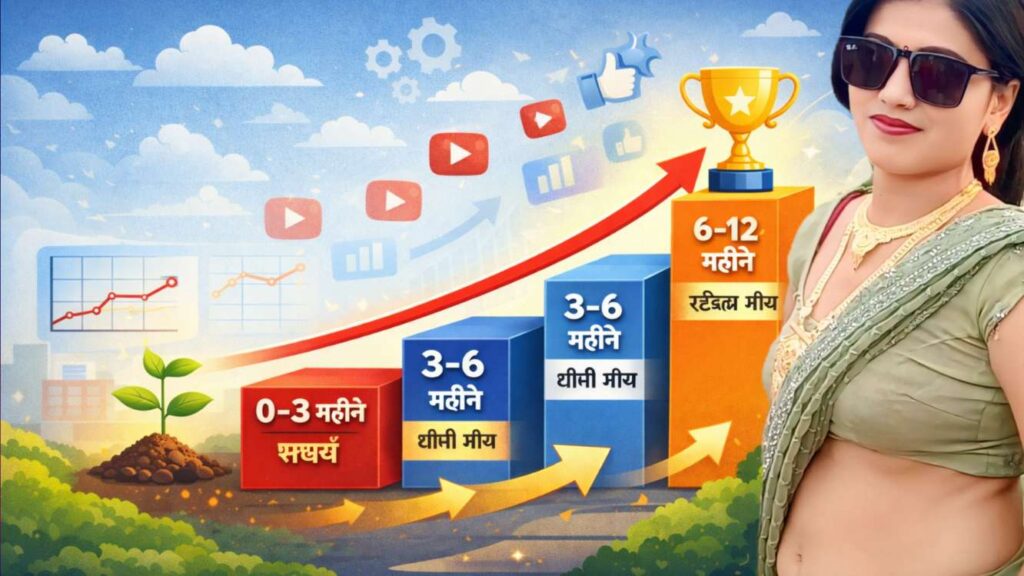 New YouTube channel growth timeline showing 0–3 months struggle, 3–6 months slow growth aur 6–12 months stable growth phases