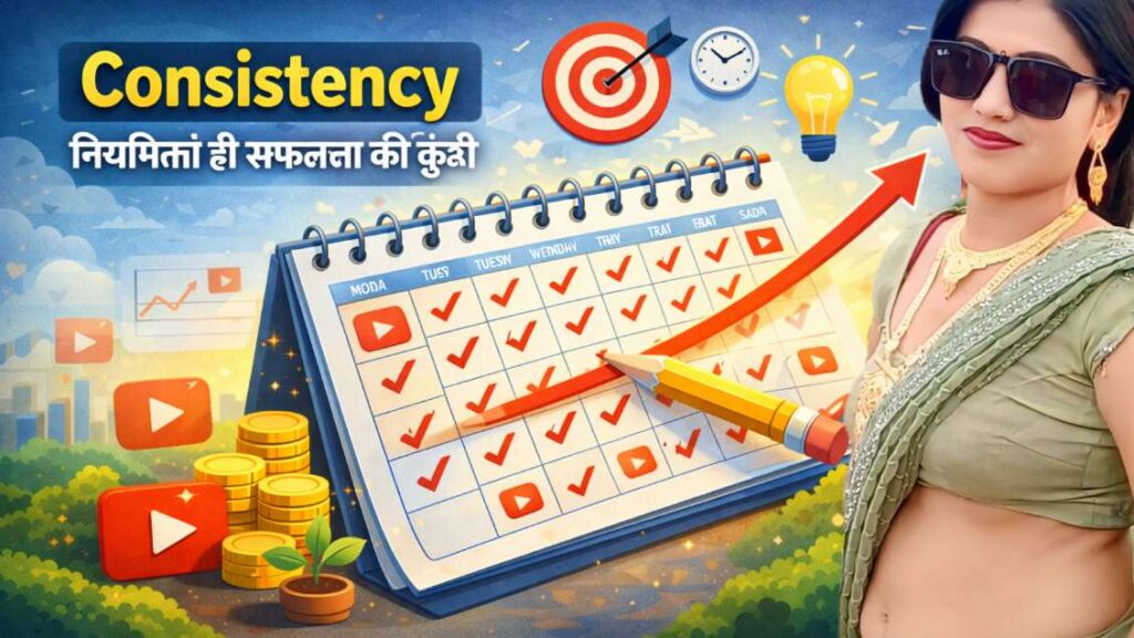 YouTube consistency concept showing regular upload schedule, calendar with checkmarks, growth arrow aur content consistency for channel growth